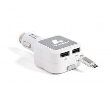 Dual port car charger with built in retractable Micro USB cord